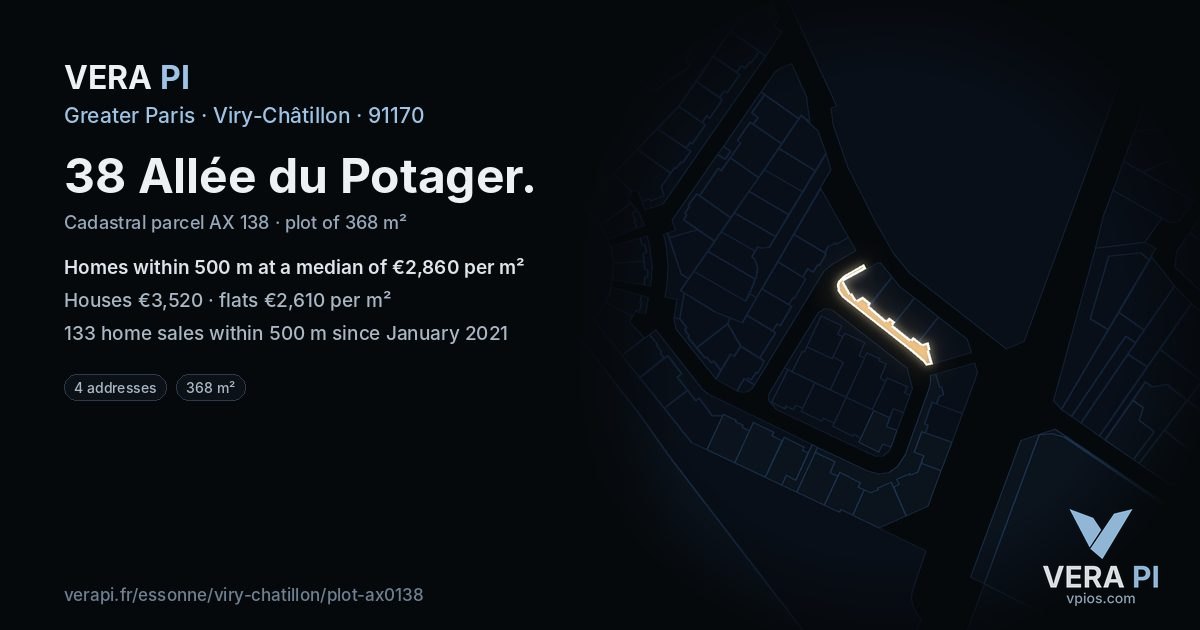 38 Allée du Potager, Viry-Châtillon at night – the plot lit, the parcels around coloured by the prices near them