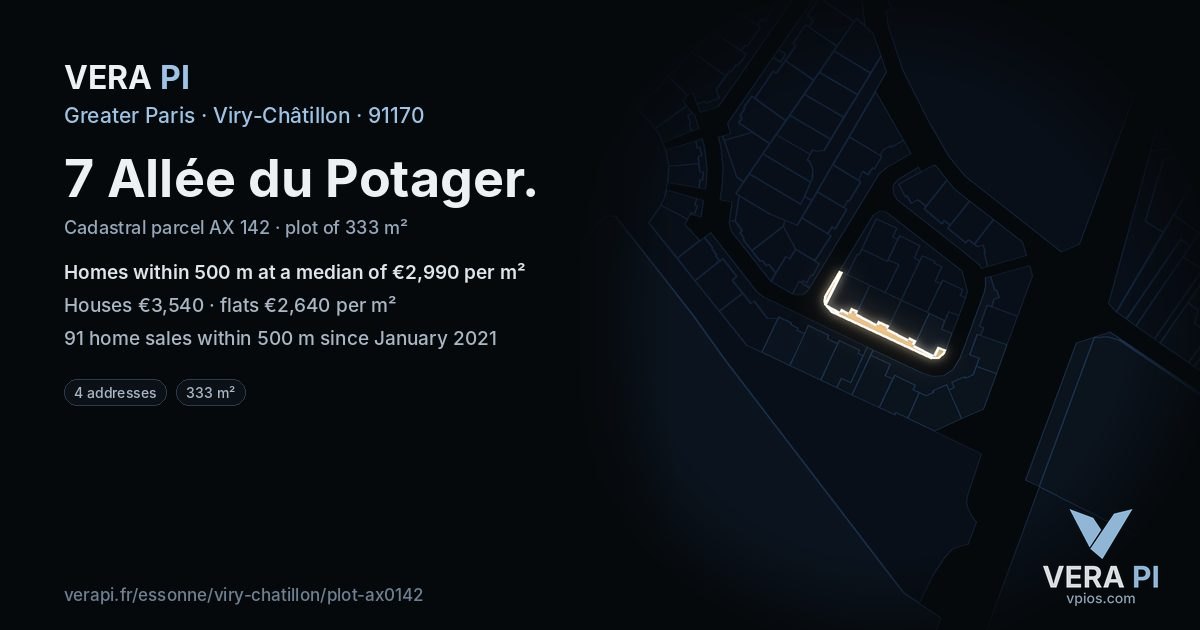 7 Allée du Potager, Viry-Châtillon at night – the plot lit, the parcels around coloured by the prices near them