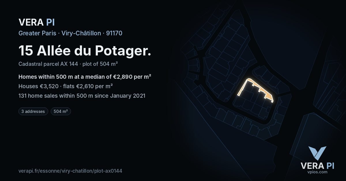15 Allée du Potager, Viry-Châtillon at night – the plot lit, the parcels around coloured by the prices near them