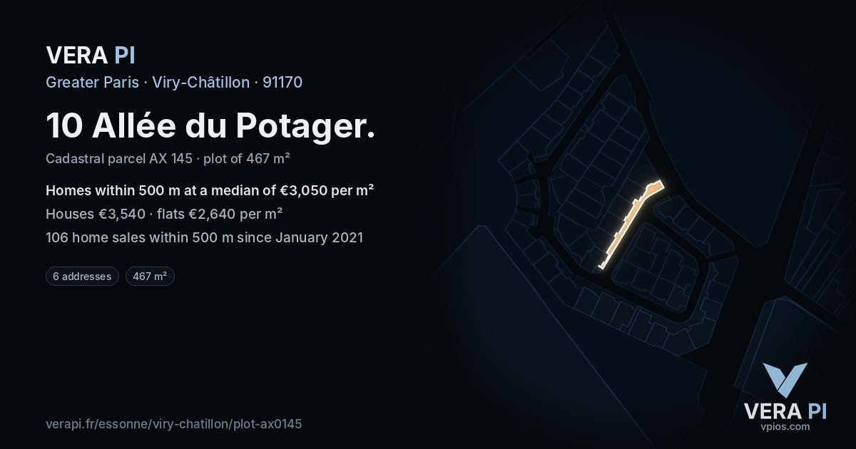 10 Allée du Potager, Viry-Châtillon at night – the plot lit, the parcels around coloured by the prices near them