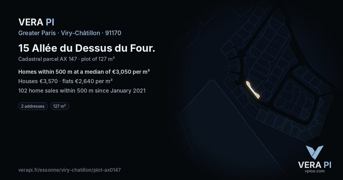 15 Allée du Dessus du Four, Viry-Châtillon at night – the plot lit, the parcels around coloured by the prices near them