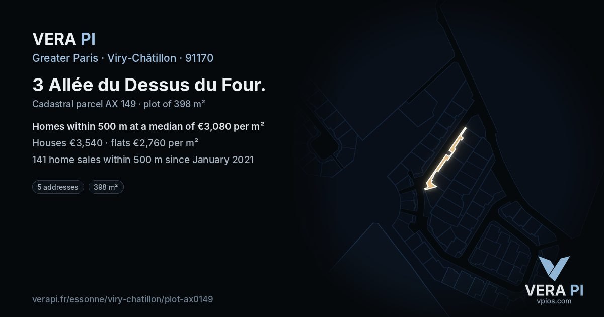 3 Allée du Dessus du Four, Viry-Châtillon at night – the plot lit, the parcels around coloured by the prices near them