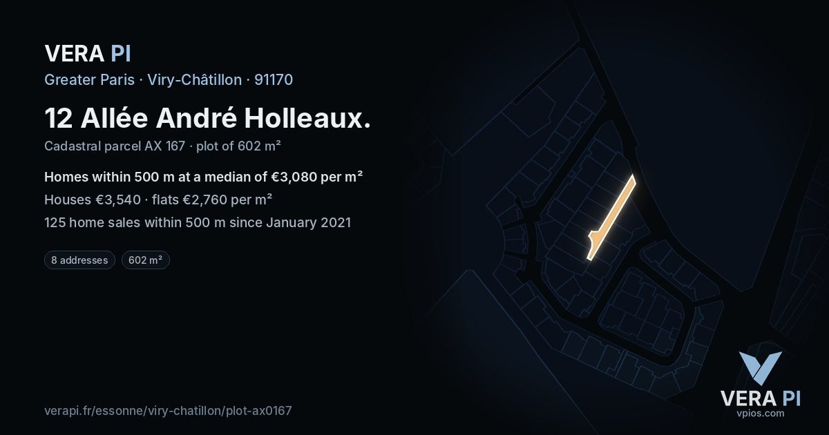 12 Allée André Holleaux, Viry-Châtillon at night – the plot lit, the parcels around coloured by the prices near them