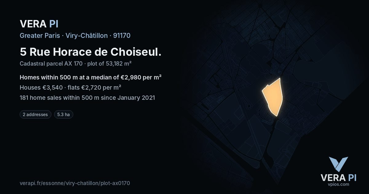 5 Rue Horace de Choiseul, Viry-Châtillon at night – the plot lit, the parcels around coloured by the prices near them