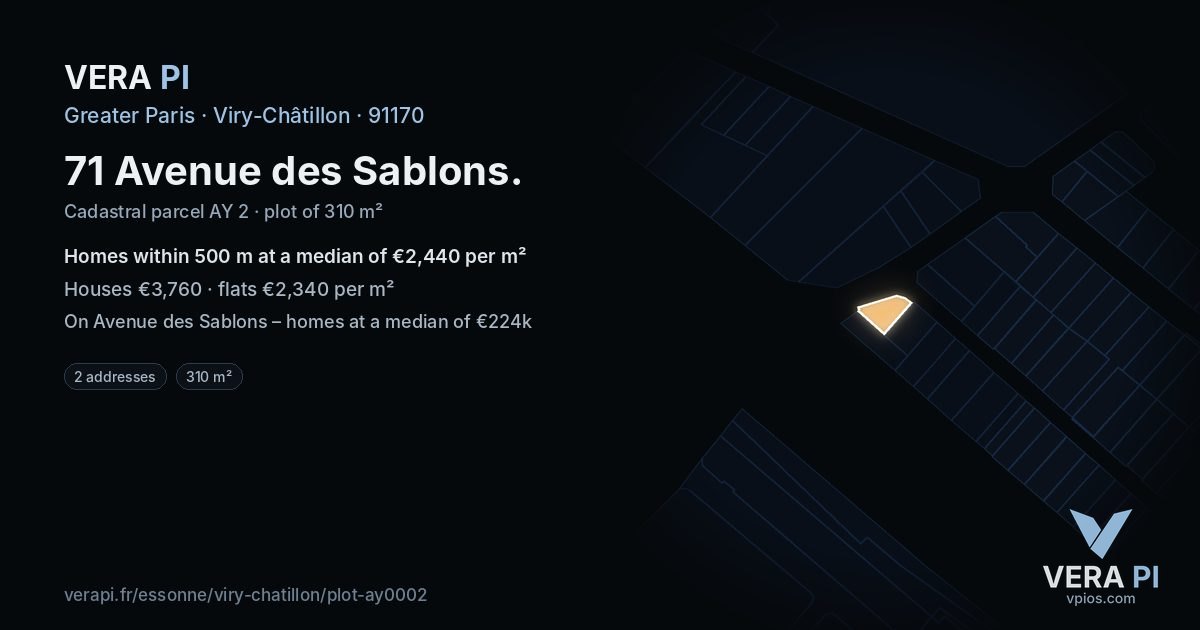 71 Avenue des Sablons, Viry-Châtillon at night – the plot lit, the parcels around coloured by the prices near them