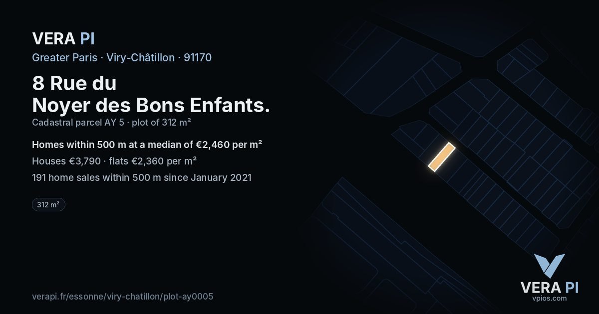 8 Rue du Noyer des Bons Enfants, Viry-Châtillon at night – the plot lit, the parcels around coloured by the prices near them