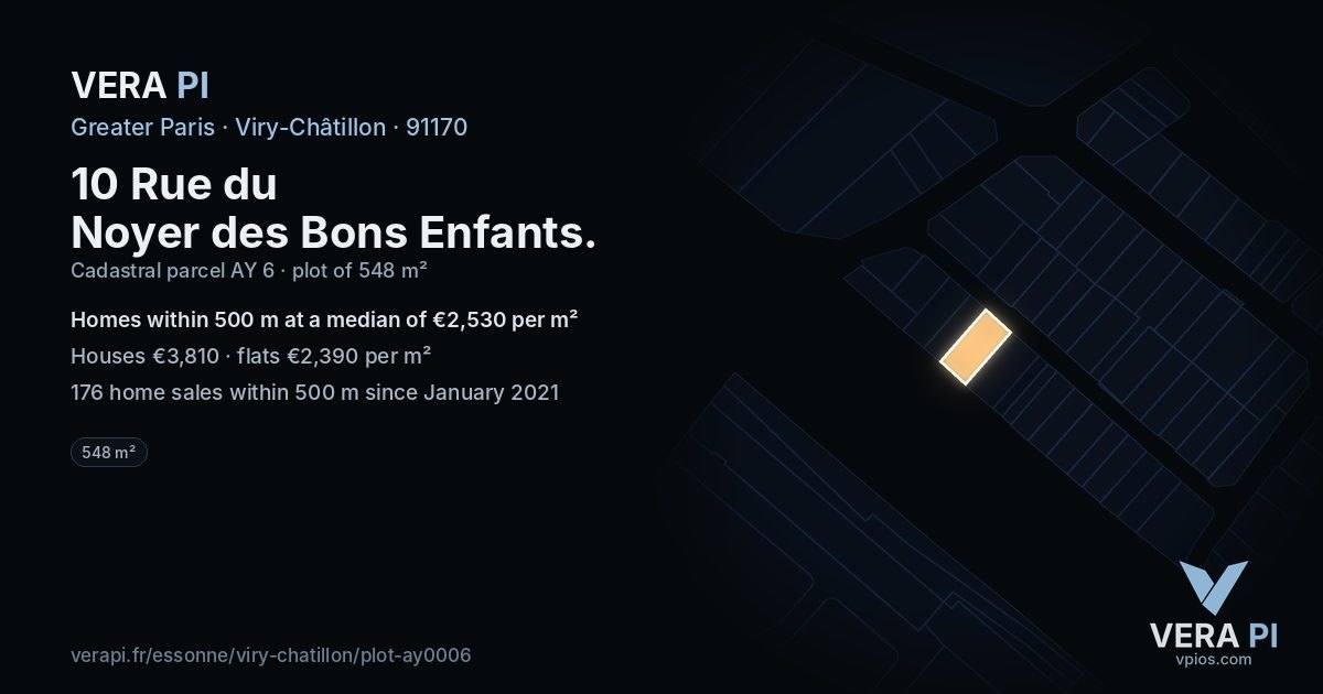 10 Rue du Noyer des Bons Enfants, Viry-Châtillon at night – the plot lit, the parcels around coloured by the prices near them