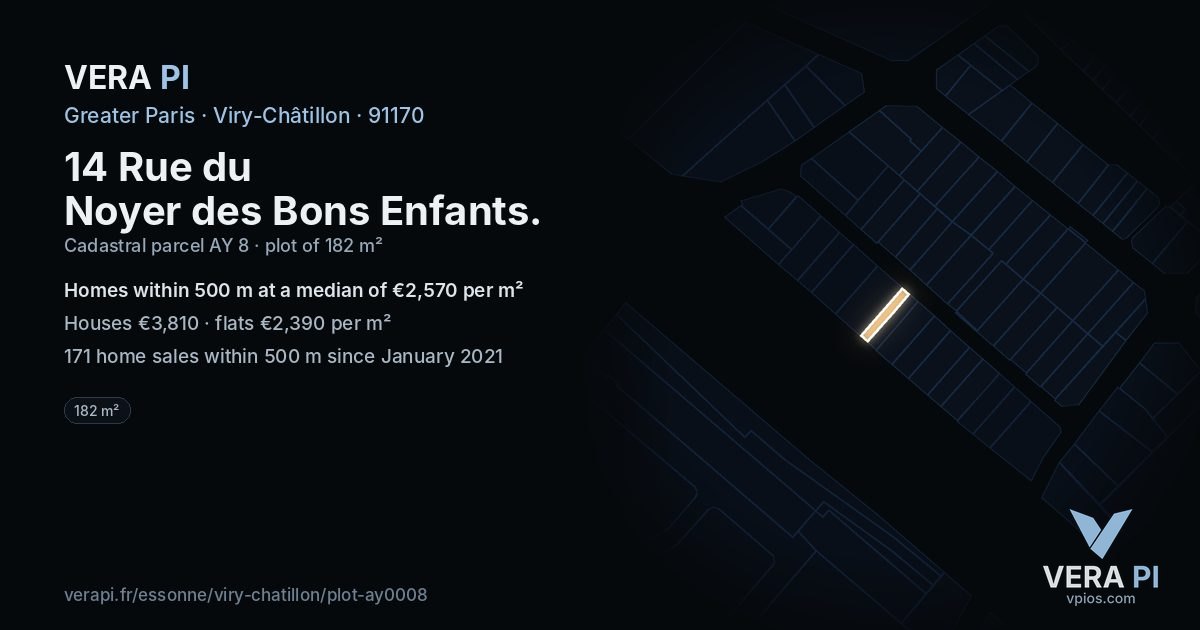 14 Rue du Noyer des Bons Enfants, Viry-Châtillon at night – the plot lit, the parcels around coloured by the prices near them