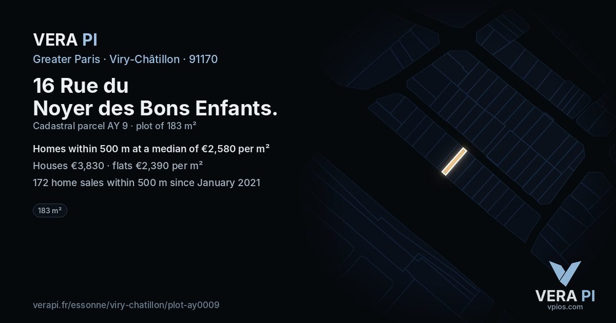 16 Rue du Noyer des Bons Enfants, Viry-Châtillon at night – the plot lit, the parcels around coloured by the prices near them