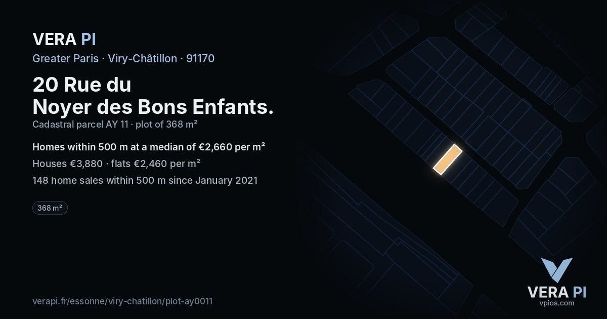 20 Rue du Noyer des Bons Enfants, Viry-Châtillon at night – the plot lit, the parcels around coloured by the prices near them
