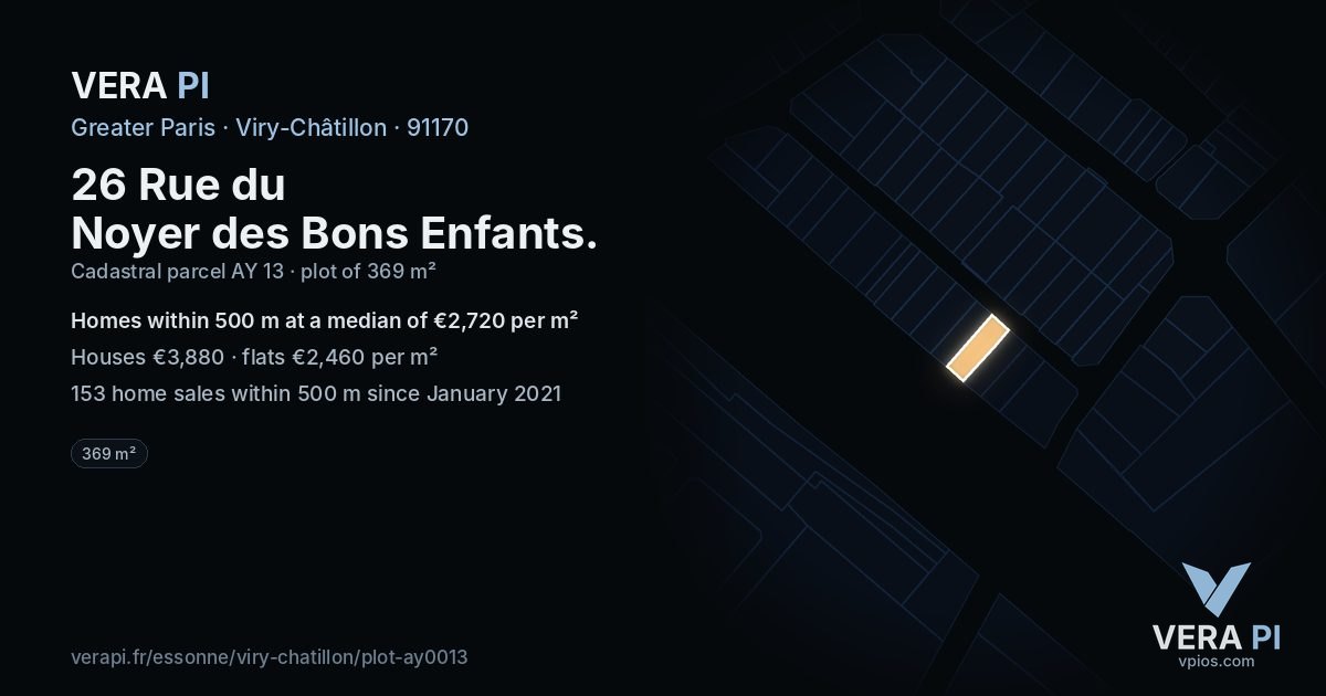 26 Rue du Noyer des Bons Enfants, Viry-Châtillon at night – the plot lit, the parcels around coloured by the prices near them