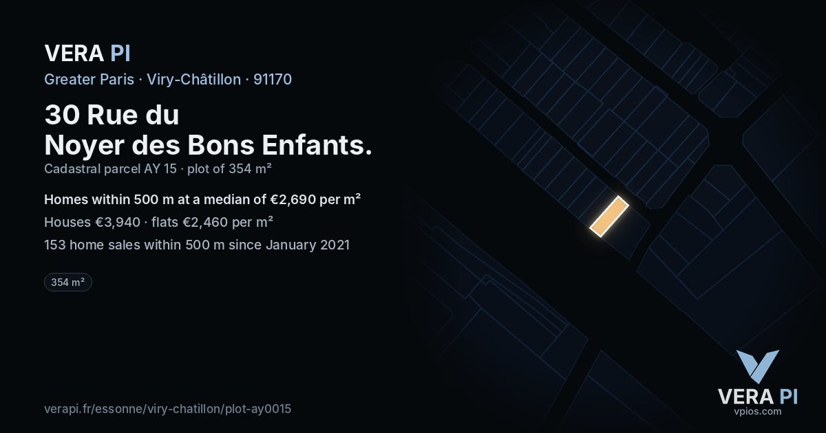 30 Rue du Noyer des Bons Enfants, Viry-Châtillon at night – the plot lit, the parcels around coloured by the prices near them