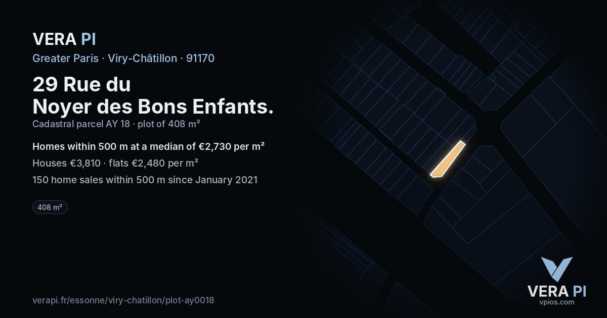 29 Rue du Noyer des Bons Enfants, Viry-Châtillon at night – the plot lit, the parcels around coloured by the prices near them