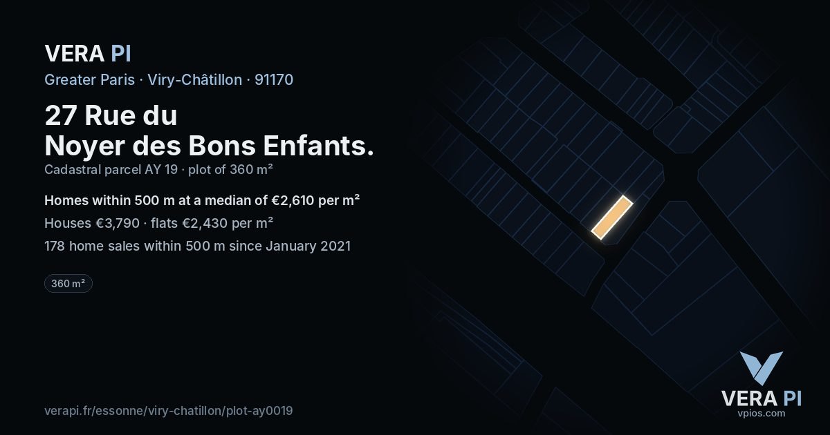 27 Rue du Noyer des Bons Enfants, Viry-Châtillon at night – the plot lit, the parcels around coloured by the prices near them