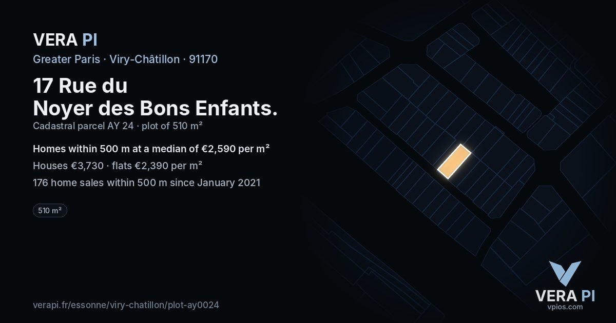 17 Rue du Noyer des Bons Enfants, Viry-Châtillon at night – the plot lit, the parcels around coloured by the prices near them