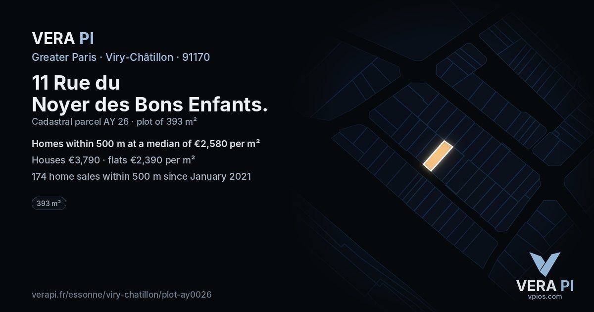 11 Rue du Noyer des Bons Enfants, Viry-Châtillon at night – the plot lit, the parcels around coloured by the prices near them