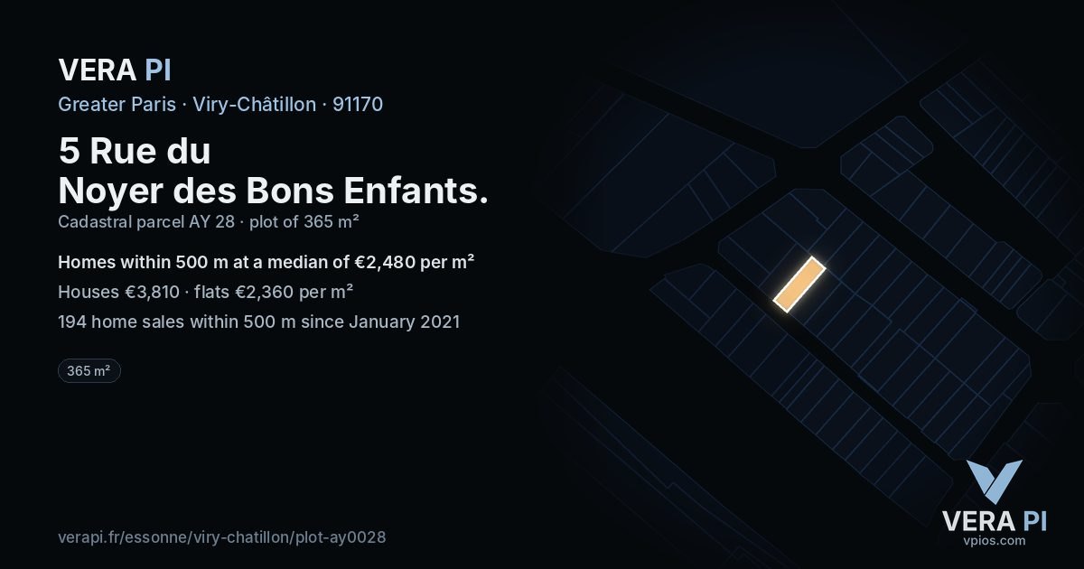 5 Rue du Noyer des Bons Enfants, Viry-Châtillon at night – the plot lit, the parcels around coloured by the prices near them