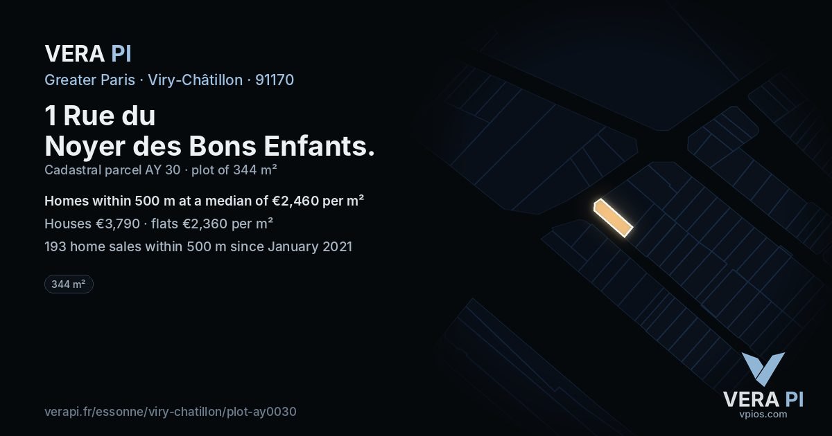 1 Rue du Noyer des Bons Enfants, Viry-Châtillon at night – the plot lit, the parcels around coloured by the prices near them