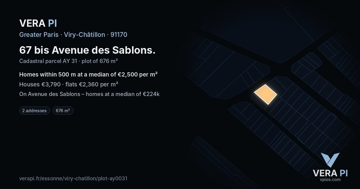 67 bis Avenue des Sablons, Viry-Châtillon at night – the plot lit, the parcels around coloured by the prices near them