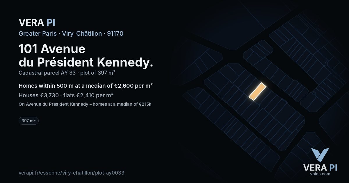 101 Avenue du Président Kennedy, Viry-Châtillon at night – the plot lit, the parcels around coloured by the prices near them