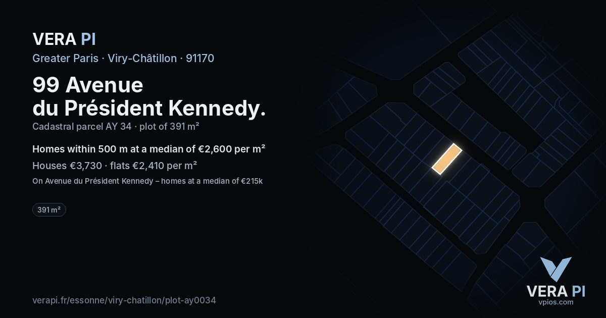 99 Avenue du Président Kennedy, Viry-Châtillon at night – the plot lit, the parcels around coloured by the prices near them