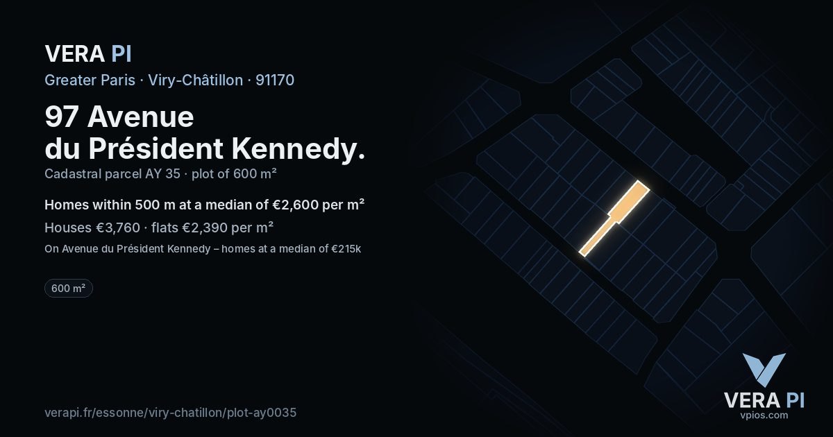 97 Avenue du Président Kennedy, Viry-Châtillon at night – the plot lit, the parcels around coloured by the prices near them
