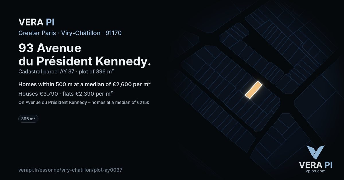 93 Avenue du Président Kennedy, Viry-Châtillon at night – the plot lit, the parcels around coloured by the prices near them
