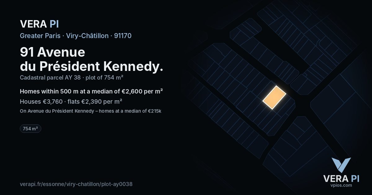 91 Avenue du Président Kennedy, Viry-Châtillon at night – the plot lit, the parcels around coloured by the prices near them