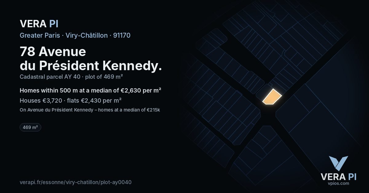 78 Avenue du Président Kennedy, Viry-Châtillon at night – the plot lit, the parcels around coloured by the prices near them