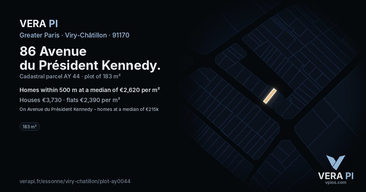 86 Avenue du Président Kennedy, Viry-Châtillon at night – the plot lit, the parcels around coloured by the prices near them