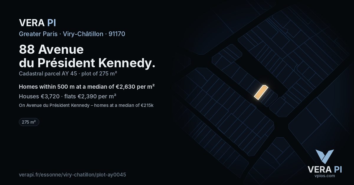 88 Avenue du Président Kennedy, Viry-Châtillon at night – the plot lit, the parcels around coloured by the prices near them