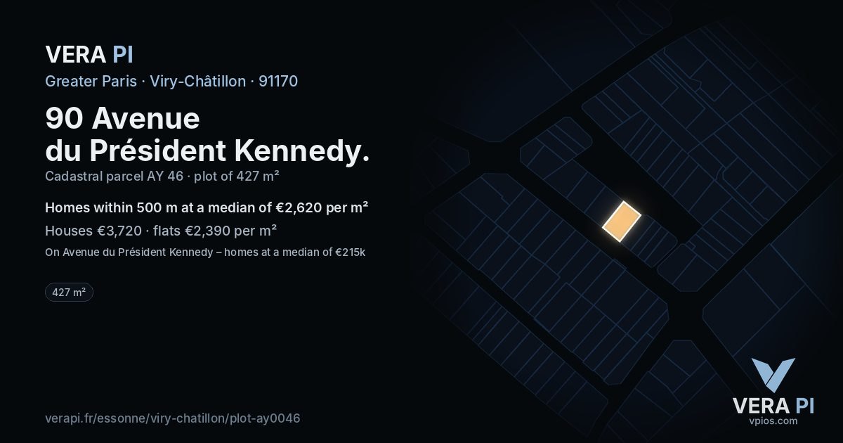 90 Avenue du Président Kennedy, Viry-Châtillon at night – the plot lit, the parcels around coloured by the prices near them