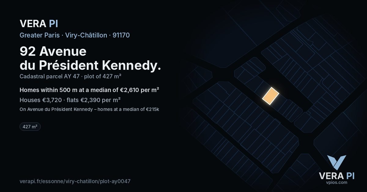 92 Avenue du Président Kennedy, Viry-Châtillon at night – the plot lit, the parcels around coloured by the prices near them