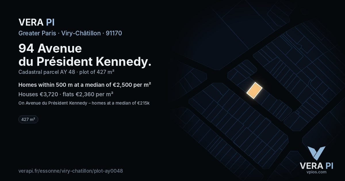 94 Avenue du Président Kennedy, Viry-Châtillon at night – the plot lit, the parcels around coloured by the prices near them