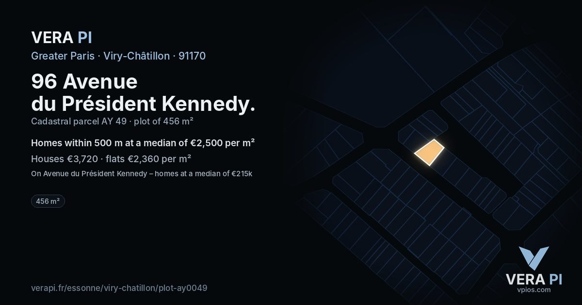 96 Avenue du Président Kennedy, Viry-Châtillon at night – the plot lit, the parcels around coloured by the prices near them