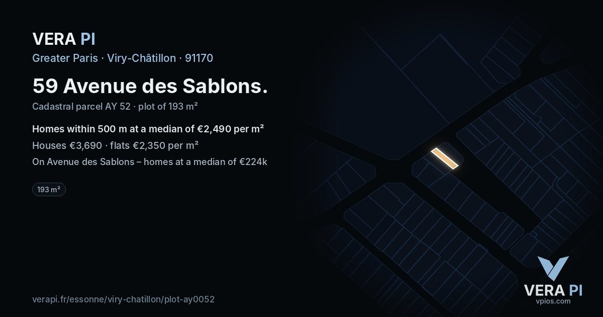 59 Avenue des Sablons, Viry-Châtillon at night – the plot lit, the parcels around coloured by the prices near them