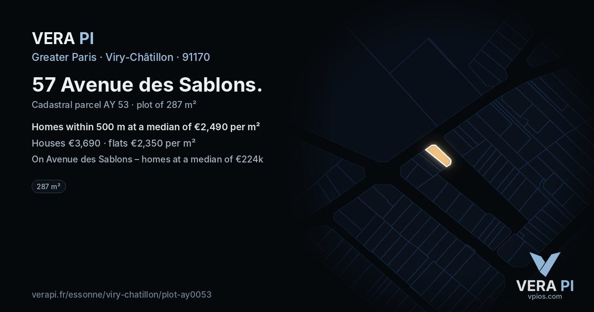 57 Avenue des Sablons, Viry-Châtillon at night – the plot lit, the parcels around coloured by the prices near them