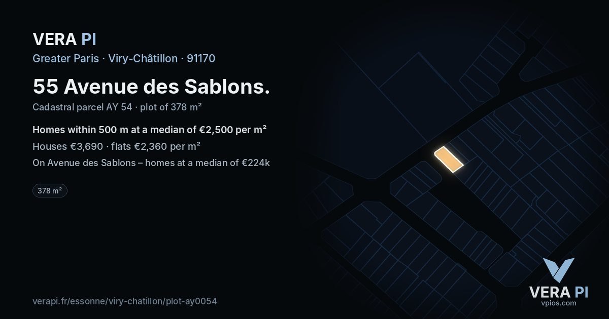 55 Avenue des Sablons, Viry-Châtillon at night – the plot lit, the parcels around coloured by the prices near them