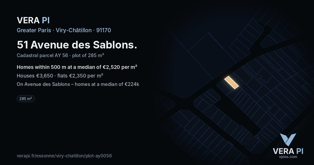 51 Avenue des Sablons, Viry-Châtillon at night – the plot lit, the parcels around coloured by the prices near them
