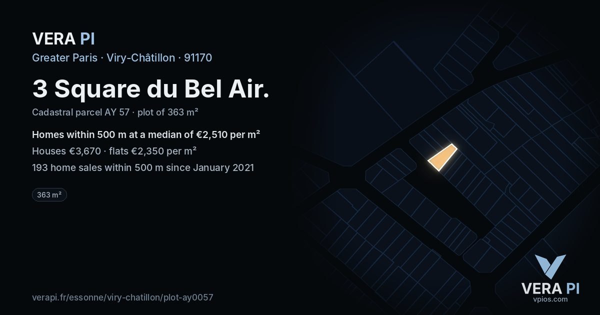 3 Square du Bel Air, Viry-Châtillon at night – the plot lit, the parcels around coloured by the prices near them