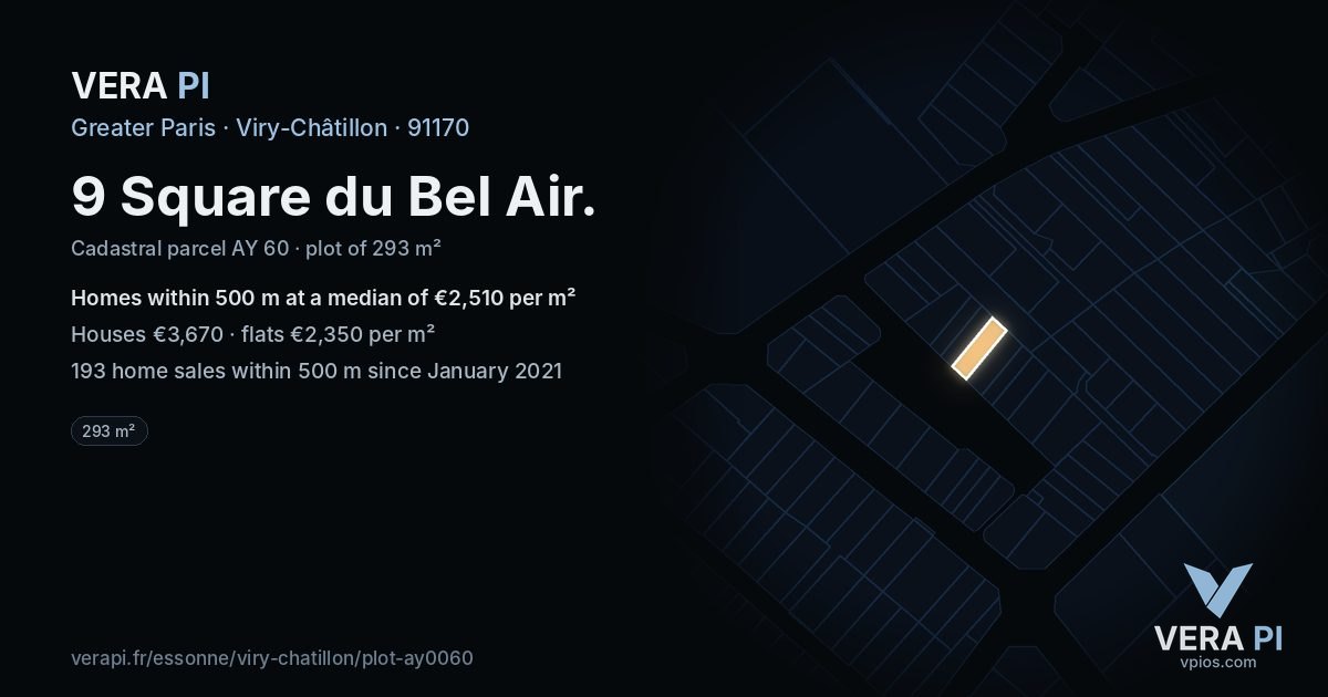 9 Square du Bel Air, Viry-Châtillon at night – the plot lit, the parcels around coloured by the prices near them