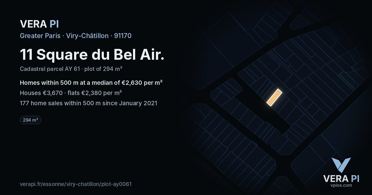 11 Square du Bel Air, Viry-Châtillon at night – the plot lit, the parcels around coloured by the prices near them
