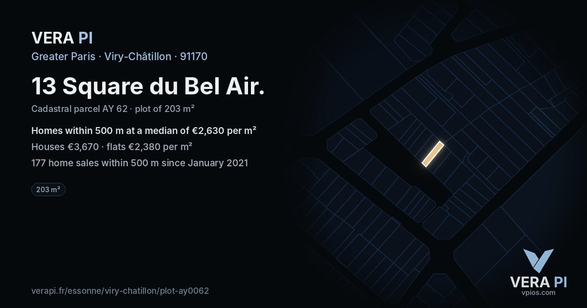 13 Square du Bel Air, Viry-Châtillon at night – the plot lit, the parcels around coloured by the prices near them