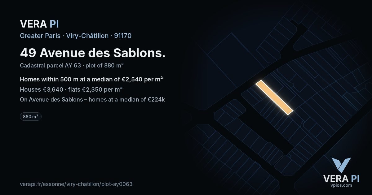 49 Avenue des Sablons, Viry-Châtillon at night – the plot lit, the parcels around coloured by the prices near them