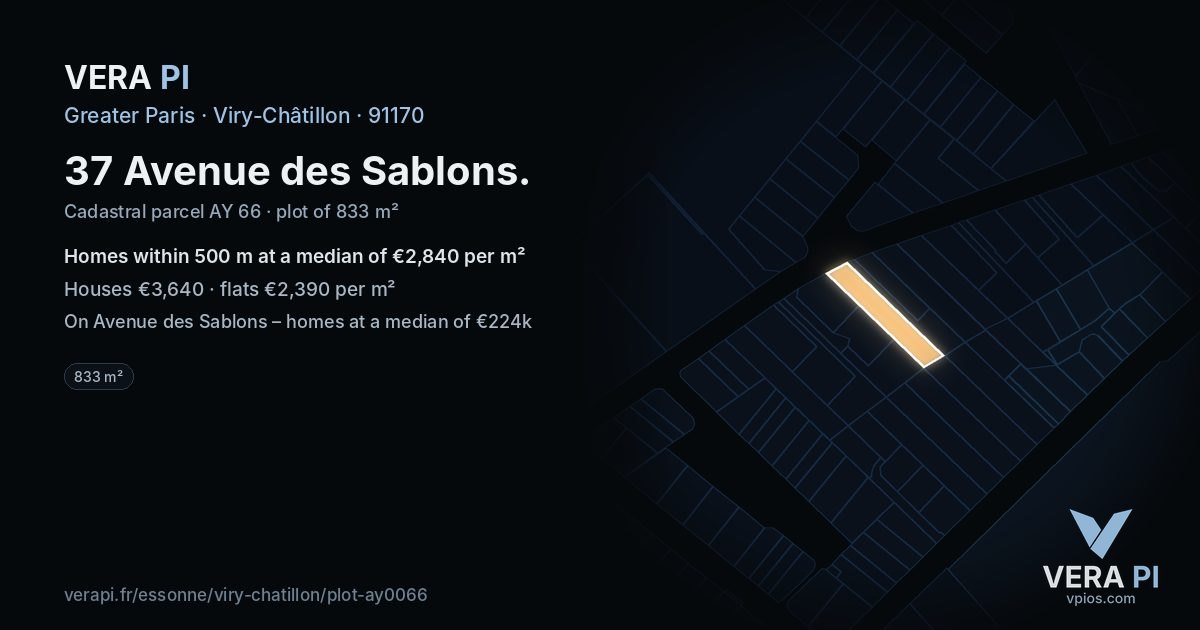 37 Avenue des Sablons, Viry-Châtillon at night – the plot lit, the parcels around coloured by the prices near them