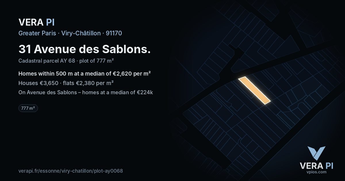 31 Avenue des Sablons, Viry-Châtillon at night – the plot lit, the parcels around coloured by the prices near them
