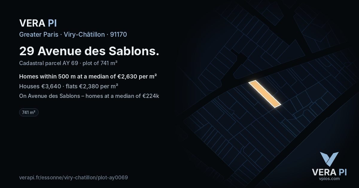 29 Avenue des Sablons, Viry-Châtillon at night – the plot lit, the parcels around coloured by the prices near them