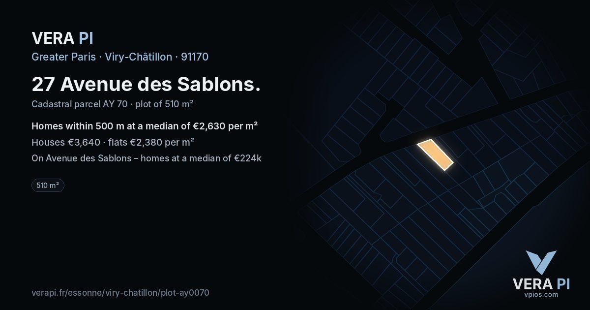 27 Avenue des Sablons, Viry-Châtillon at night – the plot lit, the parcels around coloured by the prices near them