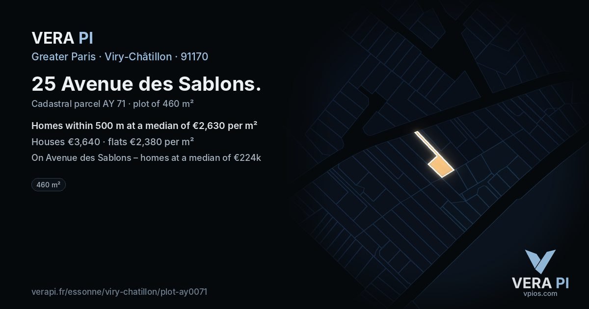 25 Avenue des Sablons, Viry-Châtillon at night – the plot lit, the parcels around coloured by the prices near them