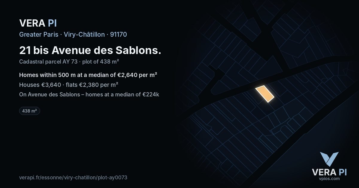 21 bis Avenue des Sablons, Viry-Châtillon at night – the plot lit, the parcels around coloured by the prices near them